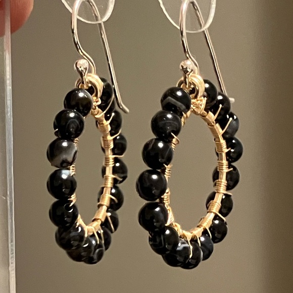 Hand Crafted Earrings Copper sterling silver Wrapped black stripe agate - Picture 2 of 6